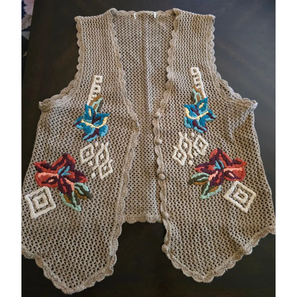 Women's Vintage Crochet Embroidered Vest M Beige Multicolor Retro Boho Festival